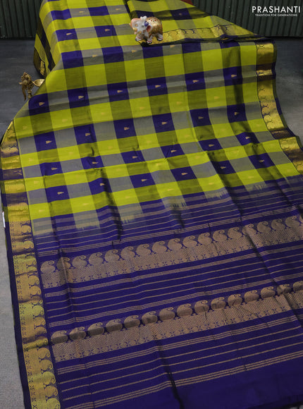 Silk cotton saree lime green and blue with allover paalum pazhamum checks & buttas and zari woven border