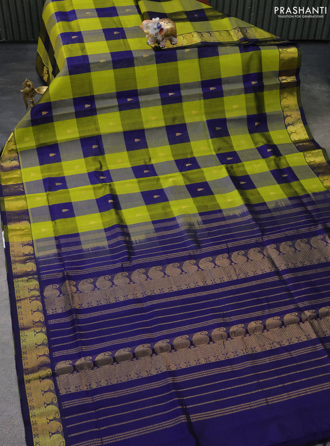 Silk cotton saree lime green and blue with allover paalum pazhamum checks & buttas and zari woven border