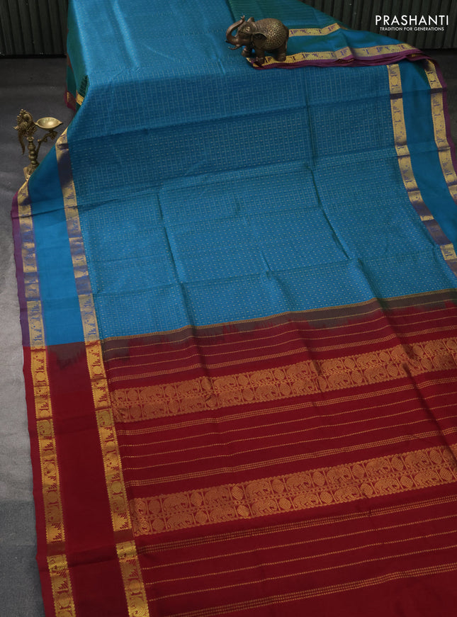 Silk cotton saree cs blue and maroon with allover zari checks & lakshadeepam weaves and rettapet zari woven border