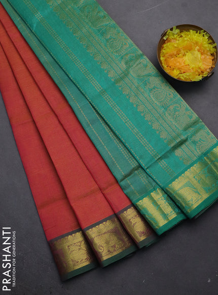Silk cotton saree dual shade of pink and teal green with allover vairosi pattern and zari woven border