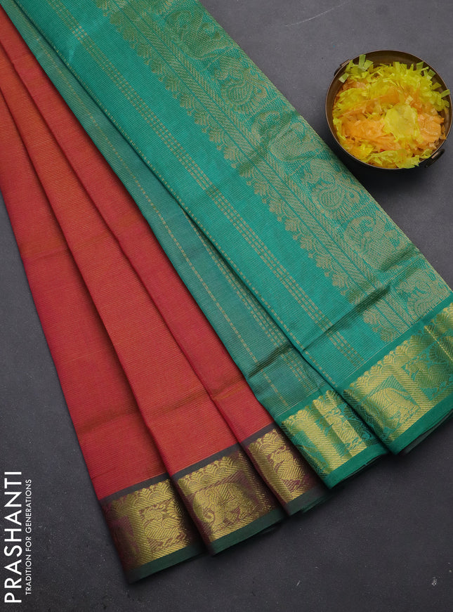 Silk cotton saree dual shade of pink and teal green with allover vairosi pattern and zari woven border