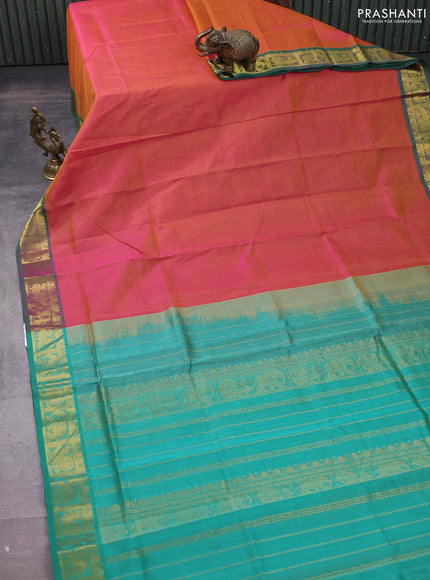 Silk cotton saree dual shade of pink and teal green with allover vairosi pattern and zari woven border