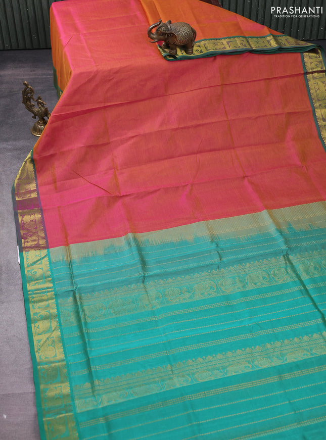 Silk cotton saree dual shade of pink and teal green with allover vairosi pattern and zari woven border