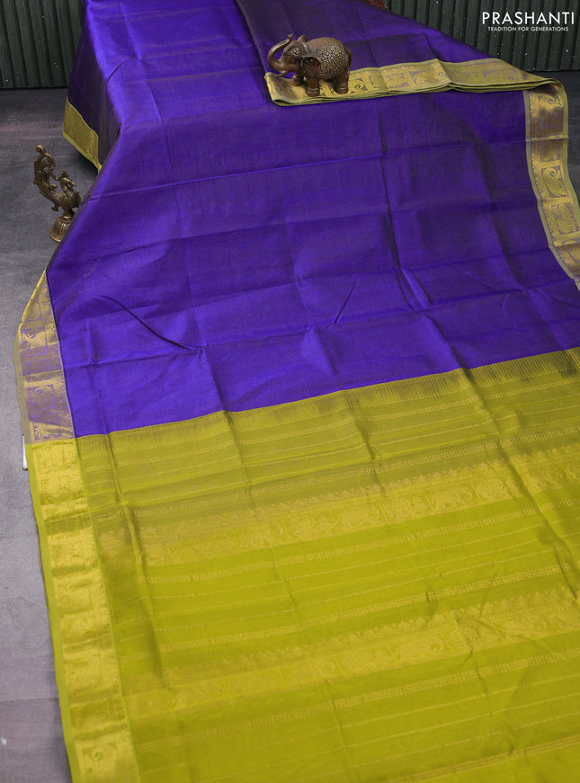 Silk cotton saree blue and lime green with allover vairosi pattern and zari woven border