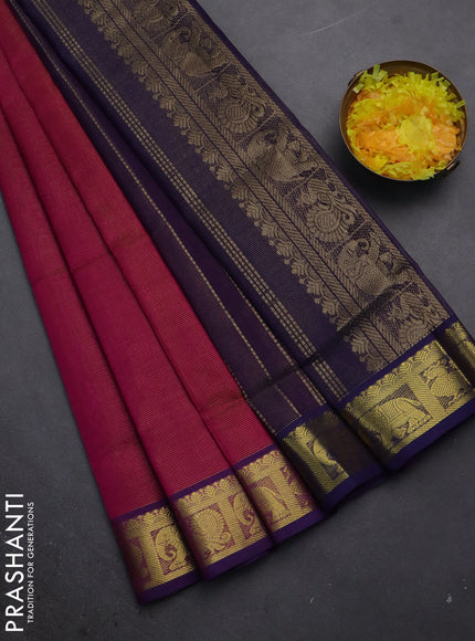 Silk cotton saree magenta pink and blue with allover vairosi pattern and zari woven border