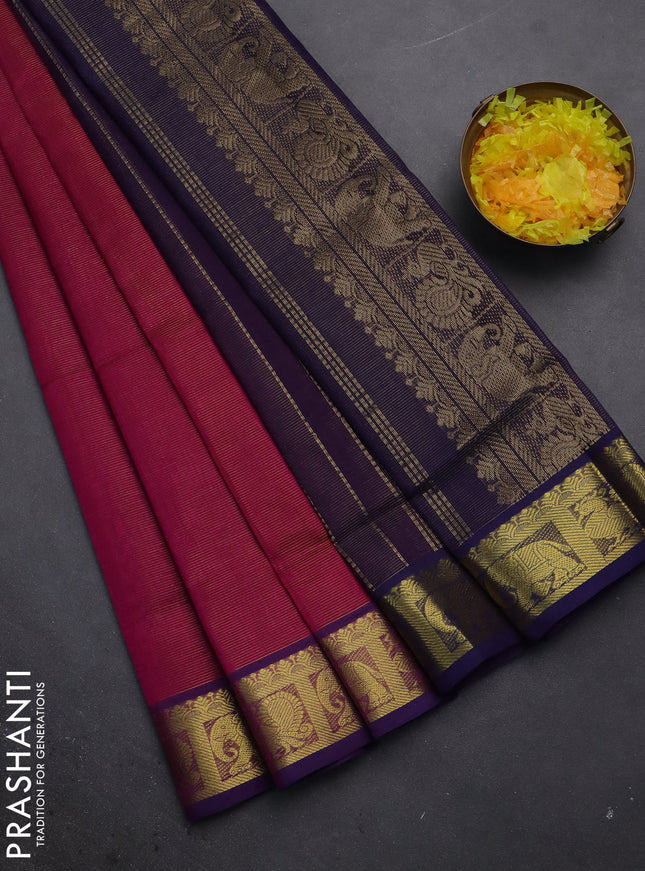 Silk cotton saree magenta pink and blue with allover vairosi pattern and zari woven border