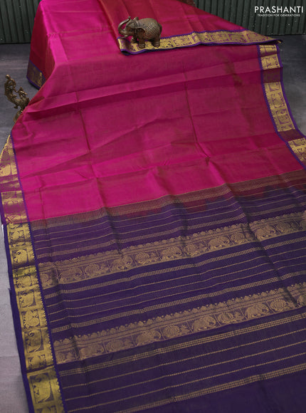 Silk cotton saree magenta pink and blue with allover vairosi pattern and zari woven border