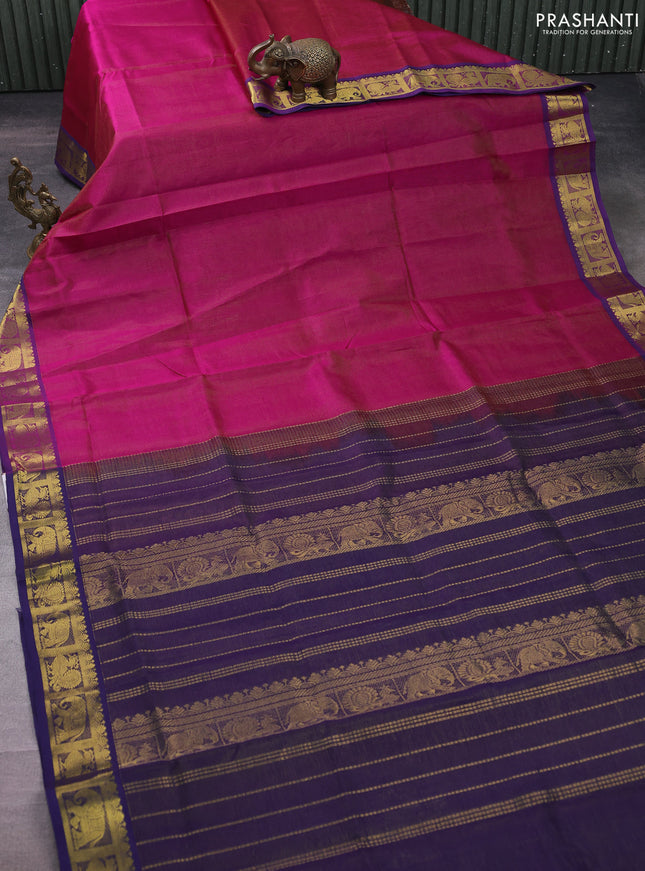Silk cotton saree magenta pink and blue with allover vairosi pattern and zari woven border