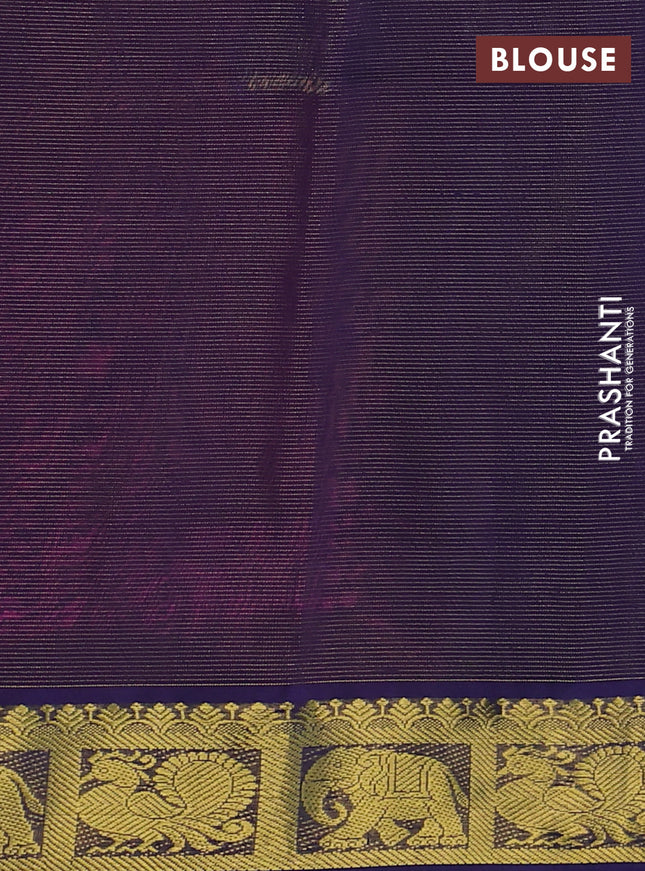 Silk cotton saree magenta pink and blue with allover vairosi pattern and zari woven border