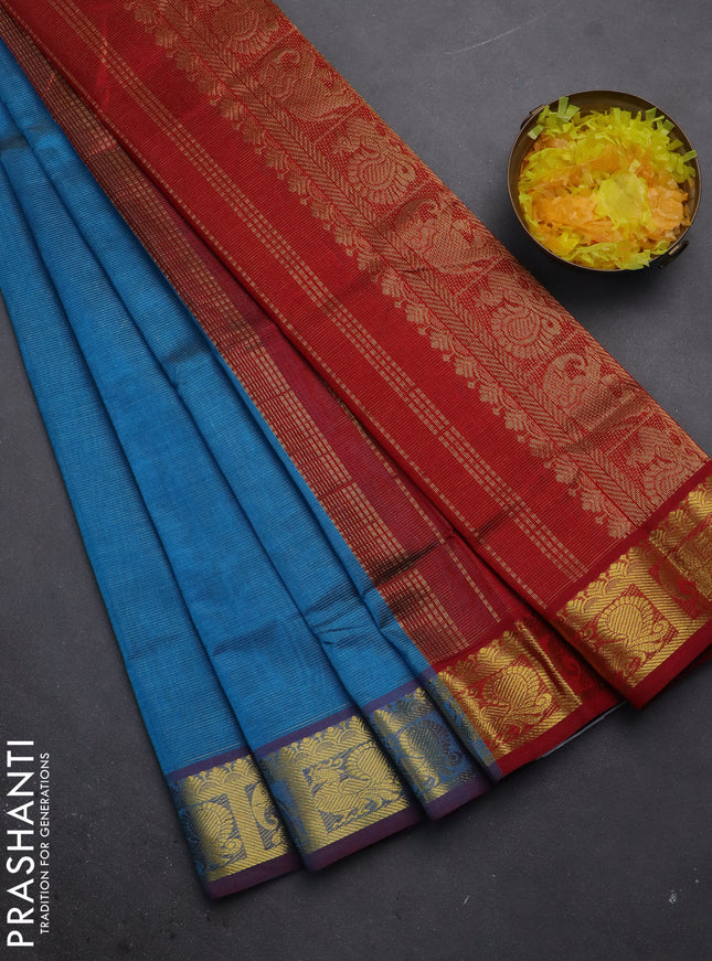Silk cotton saree cs blue and maroon with allover vairosi pattern and zari woven border
