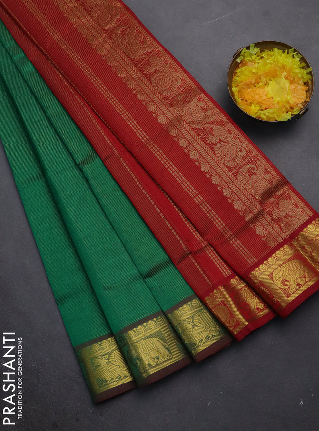 Silk cotton saree green and maroon with allover vairosi pattern and zari woven border