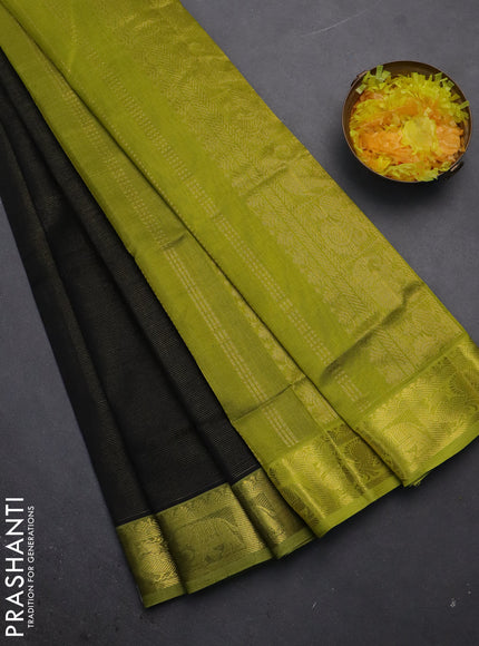 Silk cotton saree black and lime green with allover vairosi pattern and zari woven border