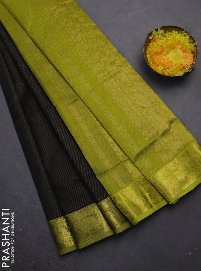 Silk cotton saree black and lime green with allover vairosi pattern and zari woven border