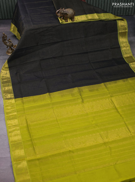 Silk cotton saree black and lime green with allover vairosi pattern and zari woven border
