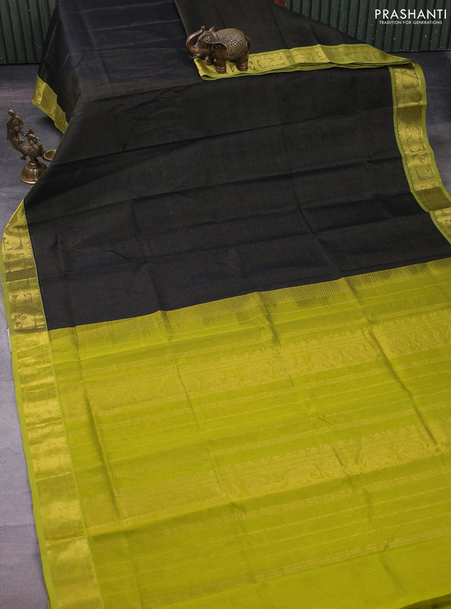 Silk cotton saree black and lime green with allover vairosi pattern and zari woven border