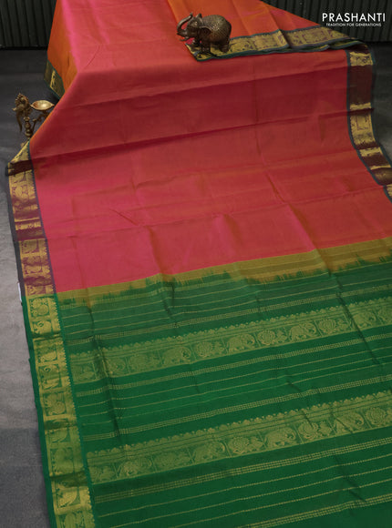 Silk cotton saree dual shade of pink and green with allover vairaosi pattern and zari woven border