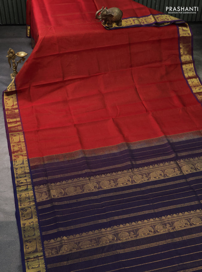 Silk cotton saree maroon and blue with allover vairaosi pattern and zari woven border