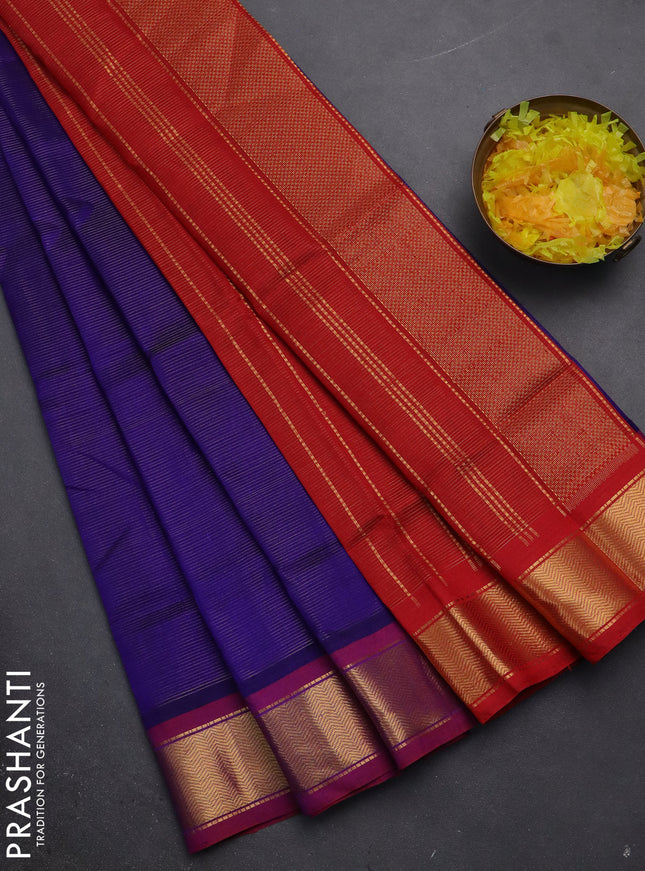 Silk cotton saree blue and red with allover vairaosi pattern and zari woven border
