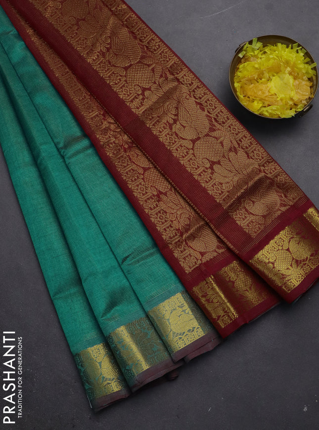 Silk cotton saree teal green and maroon with allover vairaosi pattern and zari woven border