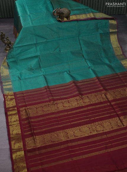 Silk cotton saree teal green and maroon with allover vairaosi pattern and zari woven border