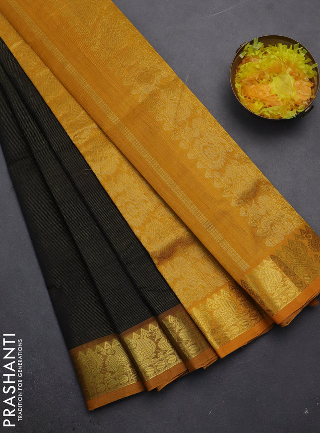 Silk cotton saree black and mustard yellow with allover vairaosi pattern and zari woven border