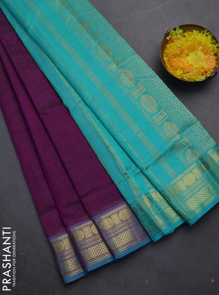 Silk cotton saree purple and teal blue with allover vairaosi pattern and zari woven border