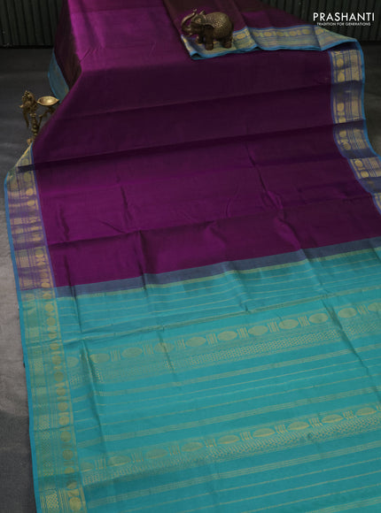 Silk cotton saree purple and teal blue with allover vairaosi pattern and zari woven border