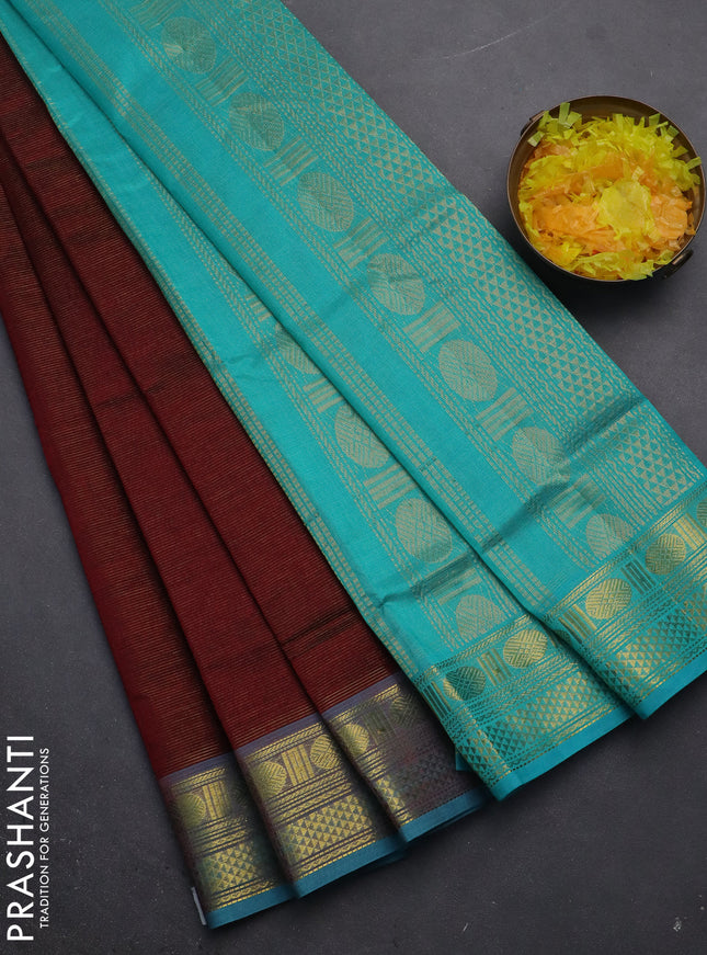 Silk cotton saree maroon and teal blue with allover vairaosi pattern and zari woven border