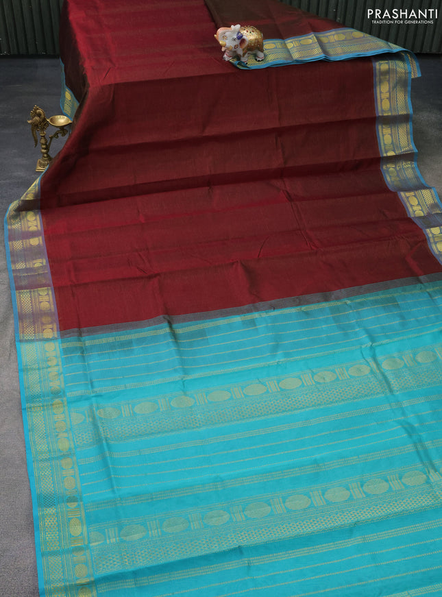 Silk cotton saree maroon and teal blue with allover vairaosi pattern and zari woven border
