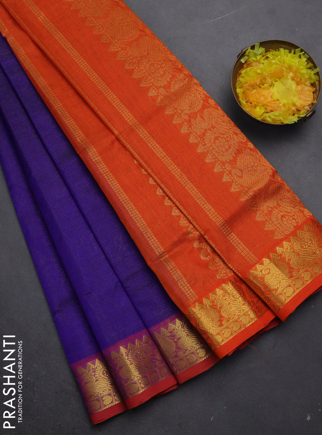 Silk cotton saree blue and orange with allover vairaosi pattern and zari woven border