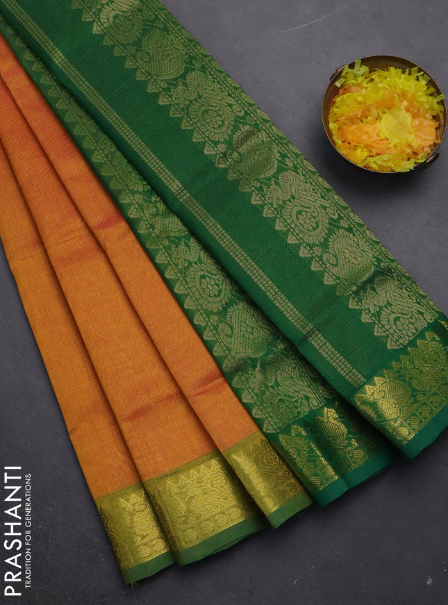 Silk cotton saree dual shade of mustard yellow and green with allover vairaosi pattern and zari woven border