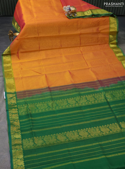 Silk cotton saree dual shade of mustard yellow and green with allover vairaosi pattern and zari woven border