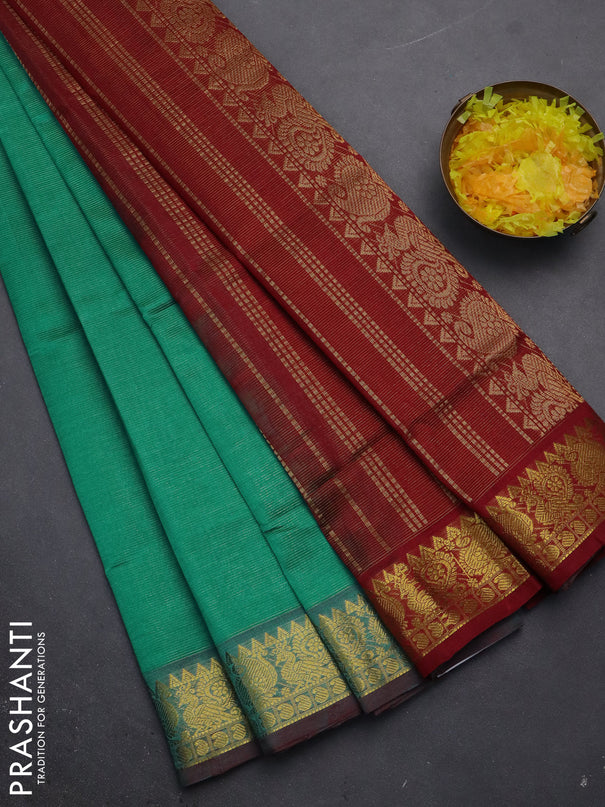 Silk cotton saree teal green and maroon with allover vairaosi pattern and zari woven border