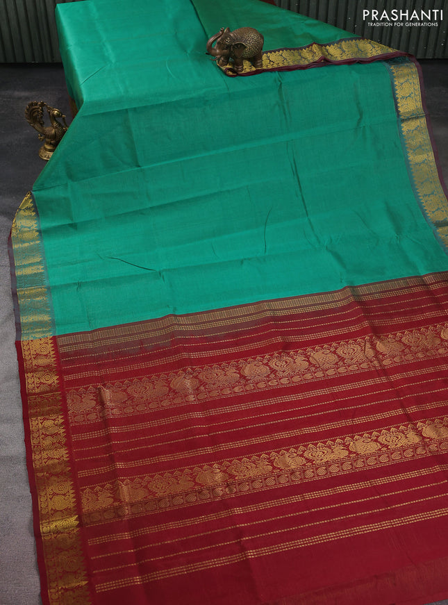 Silk cotton saree teal green and maroon with allover vairaosi pattern and zari woven border