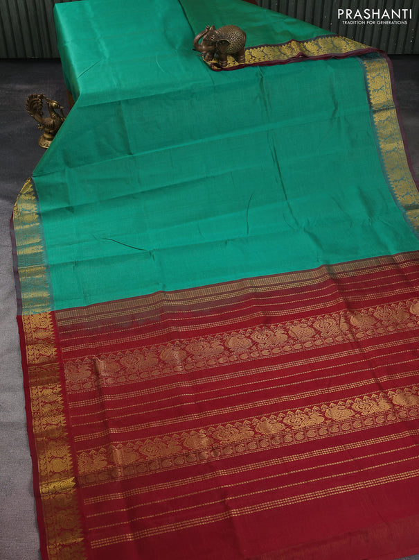 Silk cotton saree teal green and maroon with allover vairaosi pattern and zari woven border