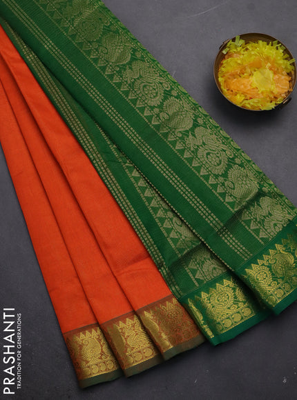 Silk cotton saree orange and green with allover vairaosi pattern and zari woven border