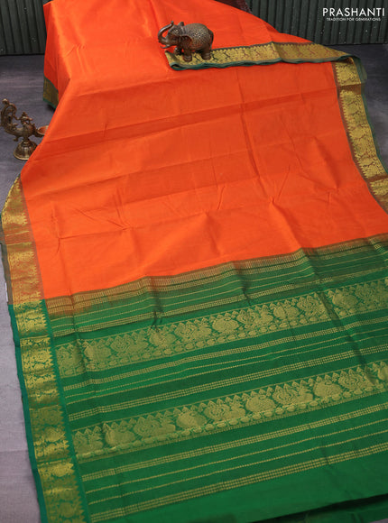 Silk cotton saree orange and green with allover vairaosi pattern and zari woven border