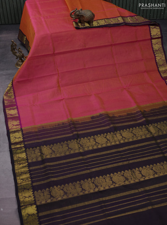 Silk cotton saree dual shade of pink and navy blue with allover vairaosi pattern and zari woven border