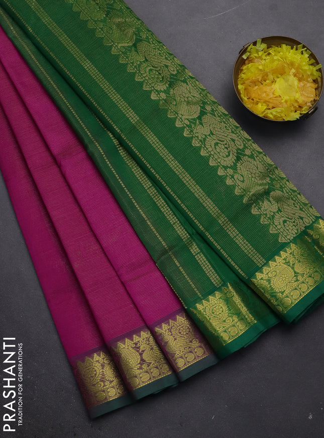Silk cotton saree pink and green with allover vairaosi pattern and zari woven border