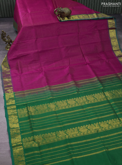 Silk cotton saree pink and green with allover vairaosi pattern and zari woven border