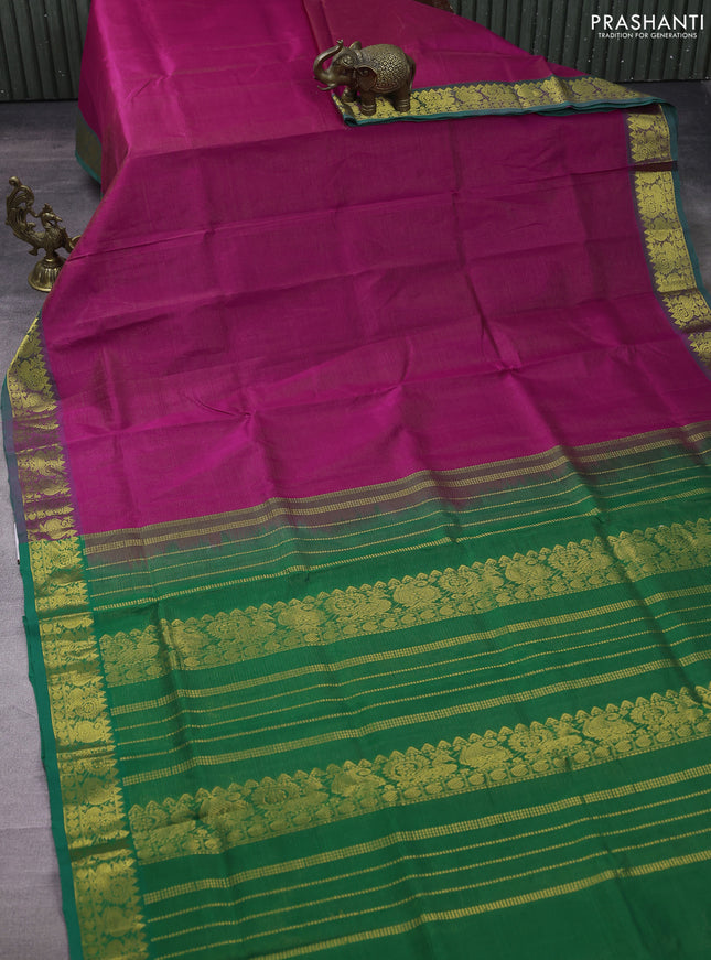 Silk cotton saree pink and green with allover vairaosi pattern and zari woven border