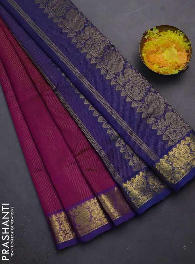 Silk cotton saree purple and blue with allover vairaosi pattern and zari woven border
