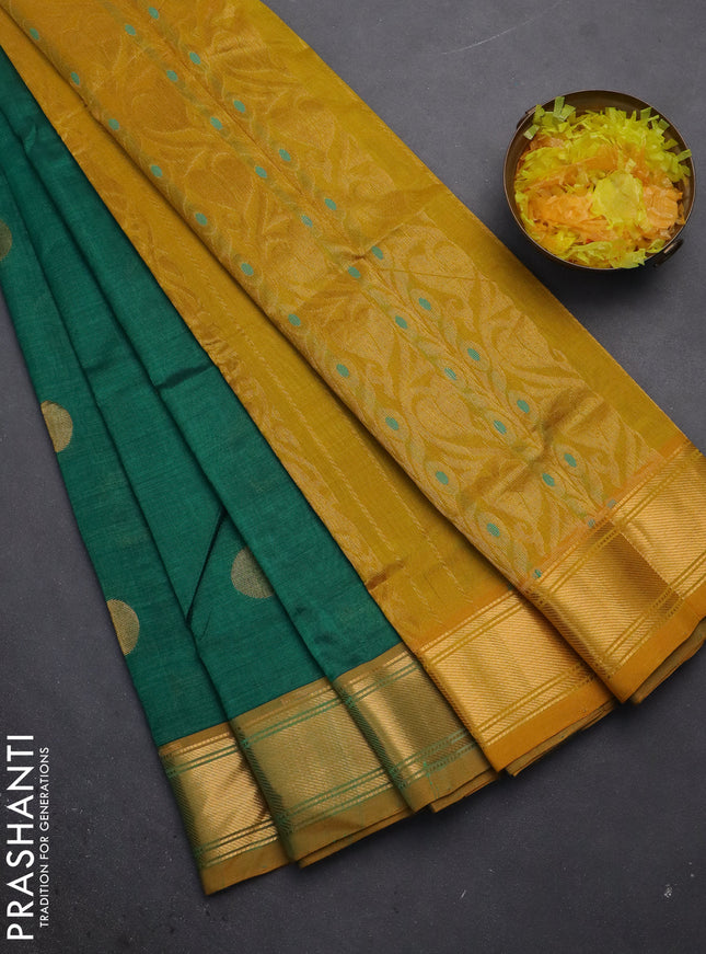 Silk cotton saree green and mustard yellow with zari woven coin buttas and zari woven border