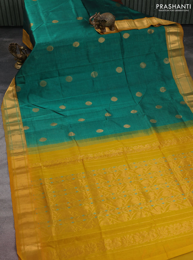 Silk cotton saree green and mustard yellow with zari woven coin buttas and zari woven border