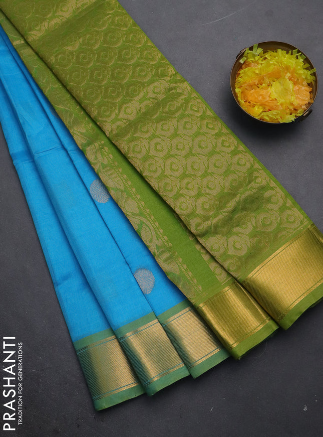 Silk cotton saree light blue and light green with zari woven coin buttas and zari woven border