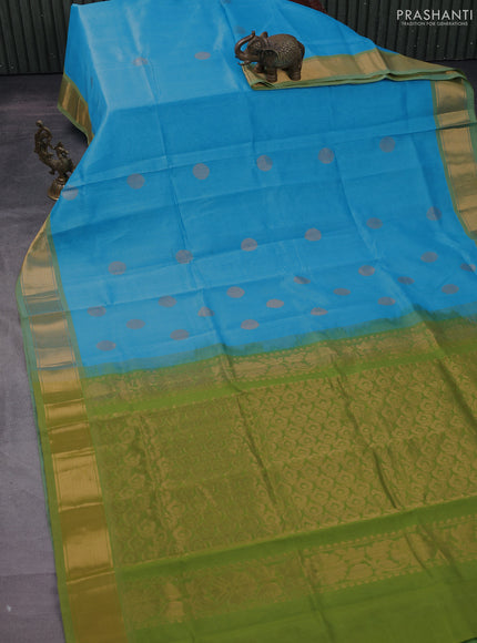 Silk cotton saree light blue and light green with zari woven coin buttas and zari woven border