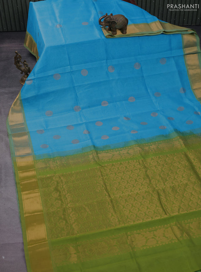 Silk cotton saree light blue and light green with zari woven coin buttas and zari woven border