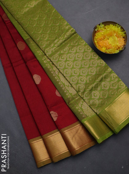 Silk cotton saree maroon and light green with zari woven coin buttas and zari woven border
