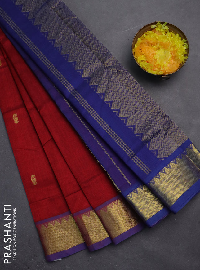 Silk cotton saree maroon and blue with zari woven buttas and zari woven border