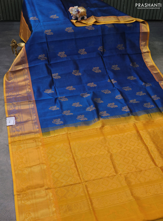 Silk cotton saree peacock blue and mustard yellow with paisley zari woven buttas and long zari woven border